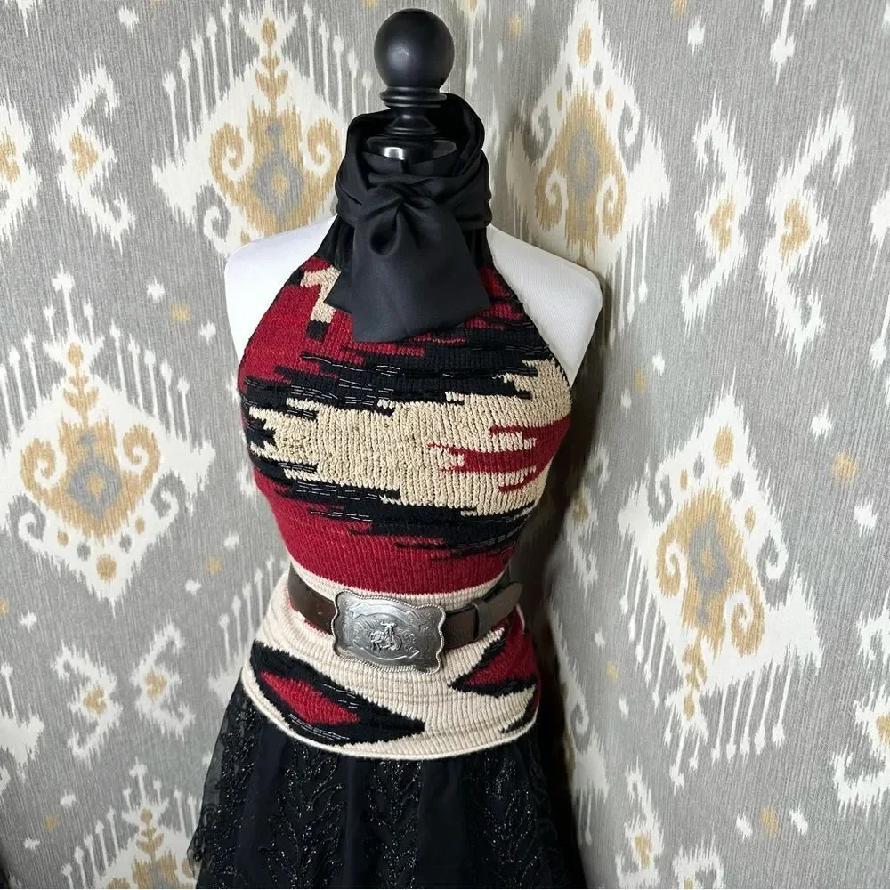 Ralph Lauren * 2011 Hand-Knit Red Beacon Blanket Beaded Halter with Silk Scarf - Picture 15 of 16